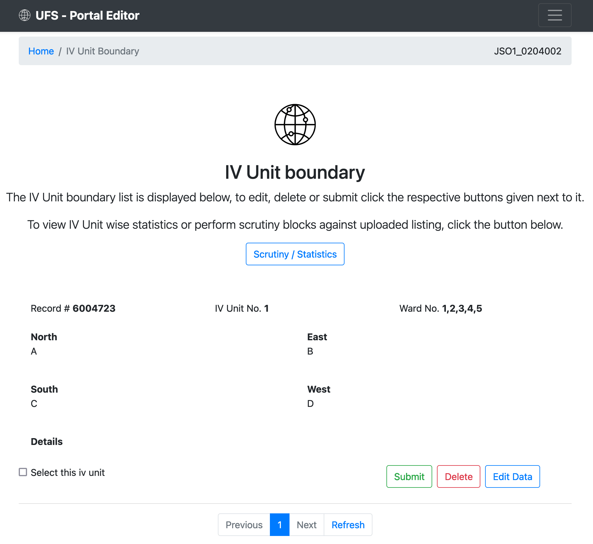 IV Unit Boundary page of portal tool