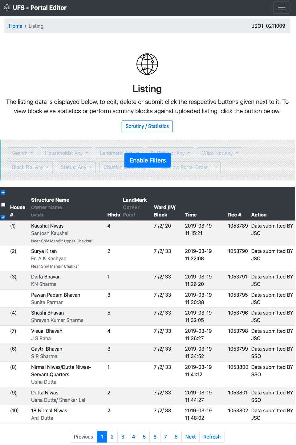 Listing data on portal