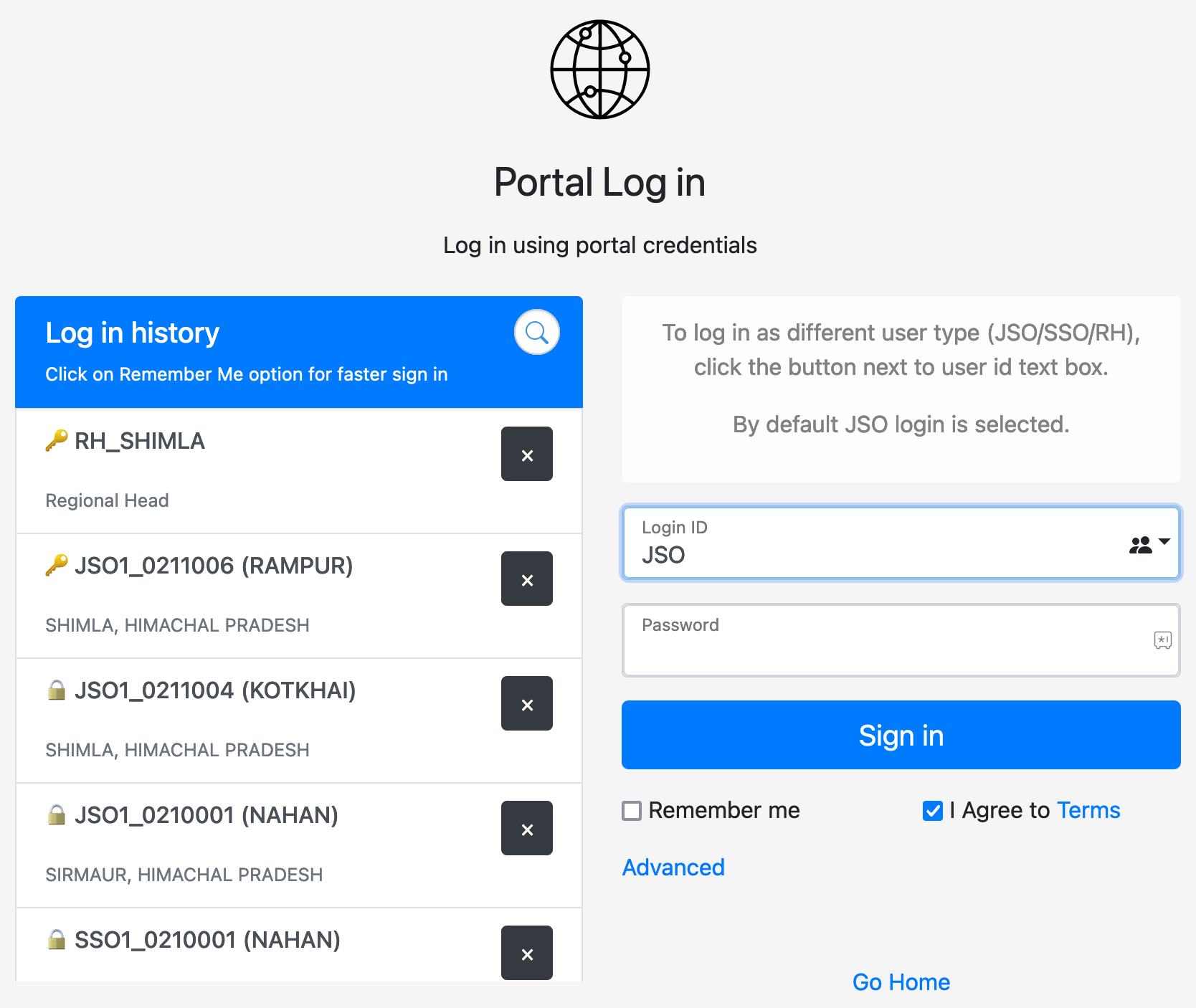 Login screen for portal tool