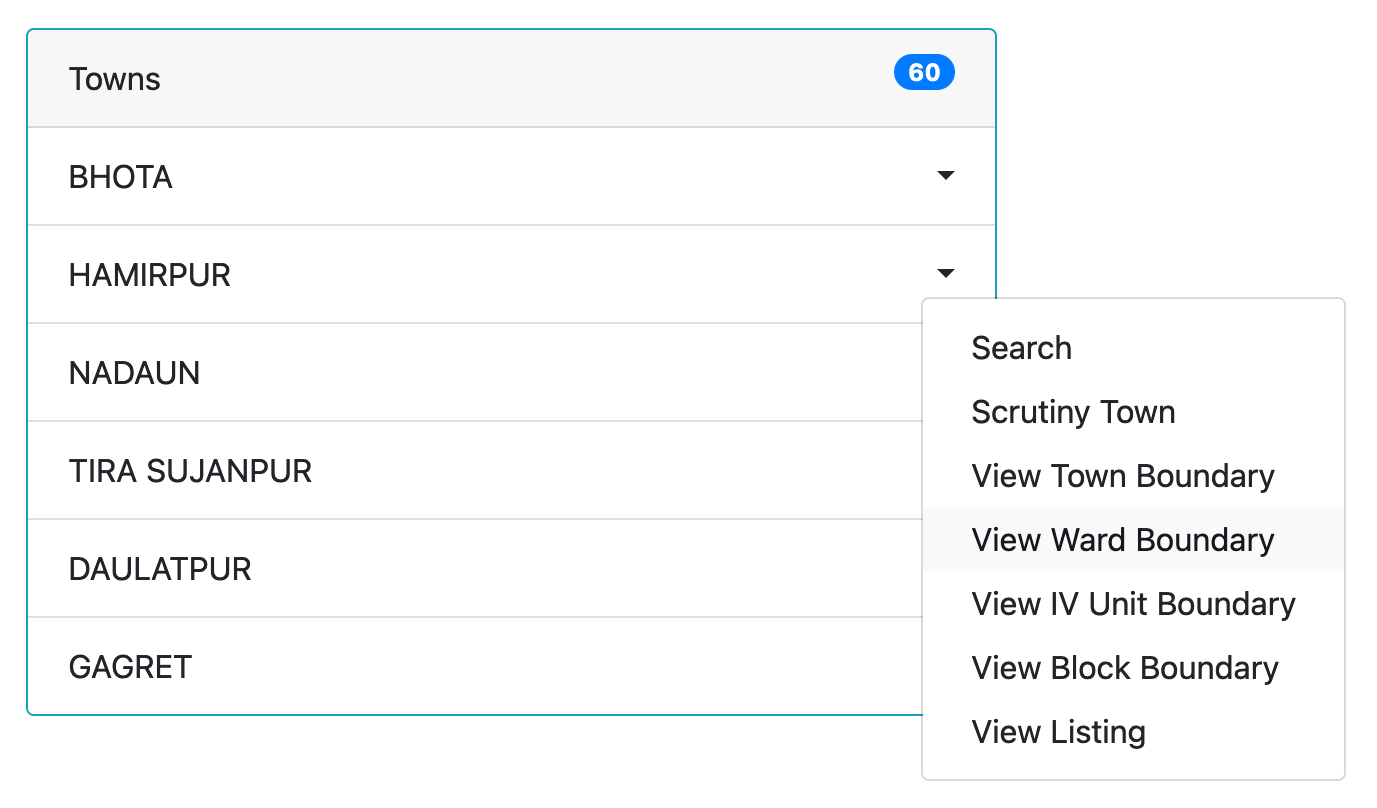 Options available for listed towns