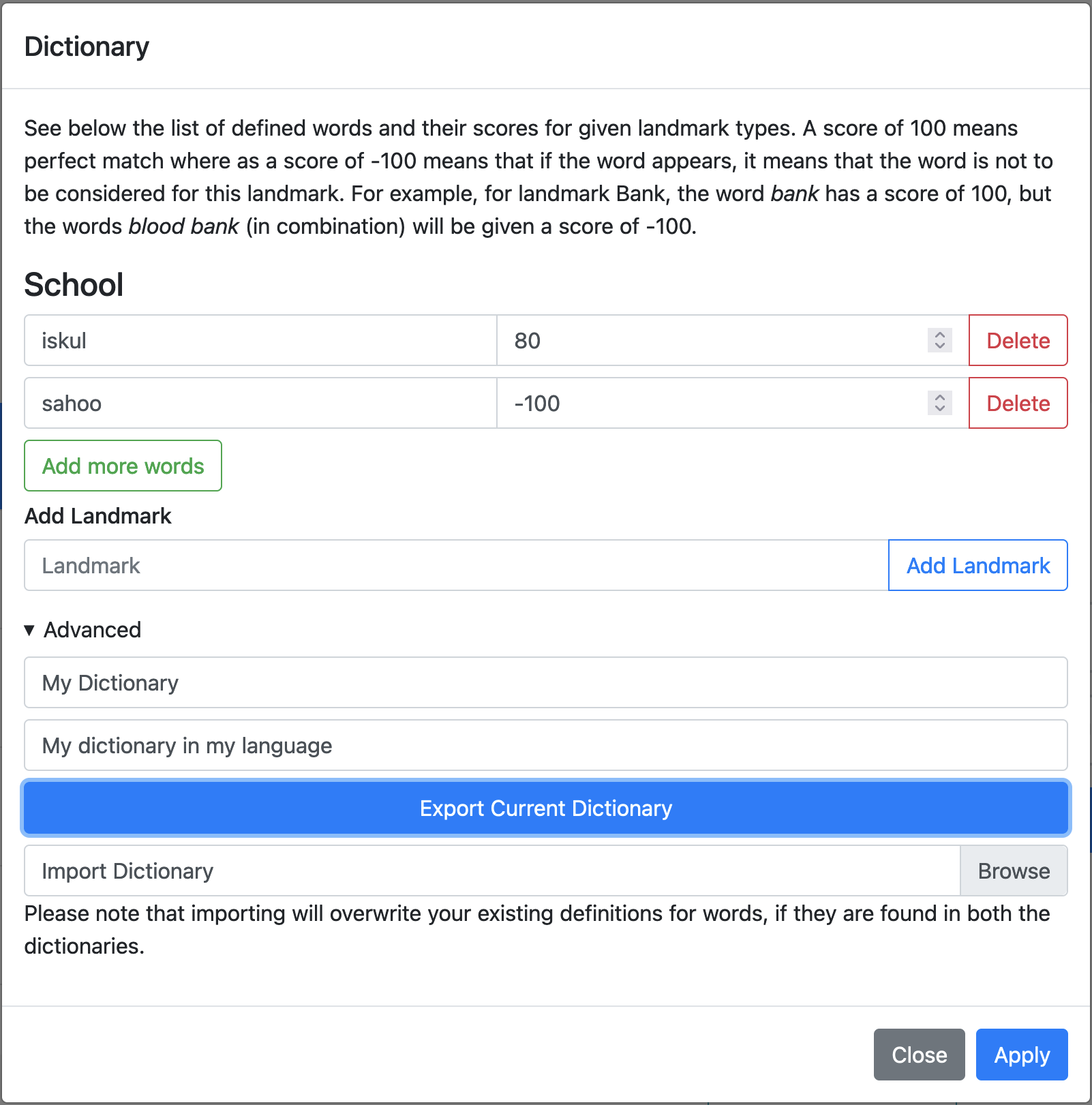 Export and import local dictionary